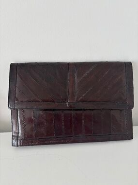 Genuine Eel Skin clutch purse 3 compartments 2 zippered sections chocolate brown